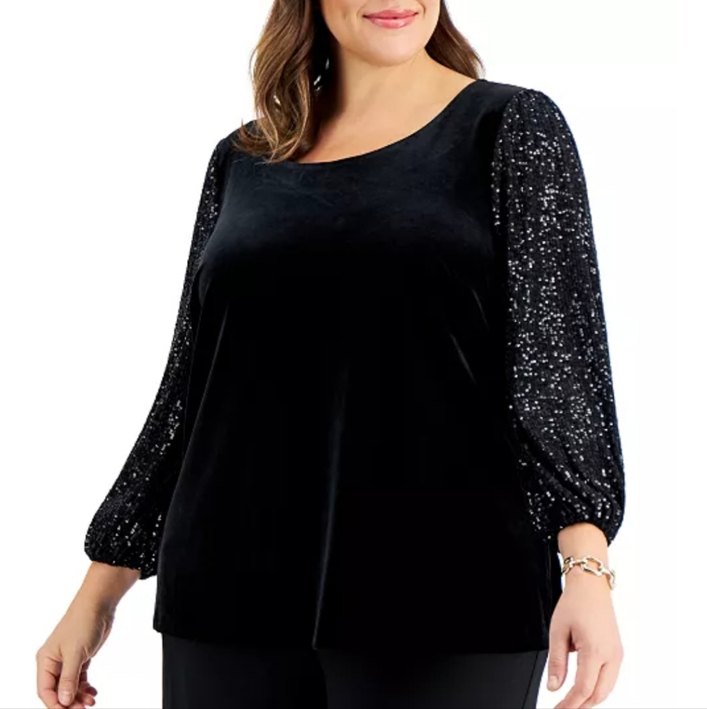 Alex Evenings Black Velvet Top Plus Size Sequin Sleeve Blouse Size 1X